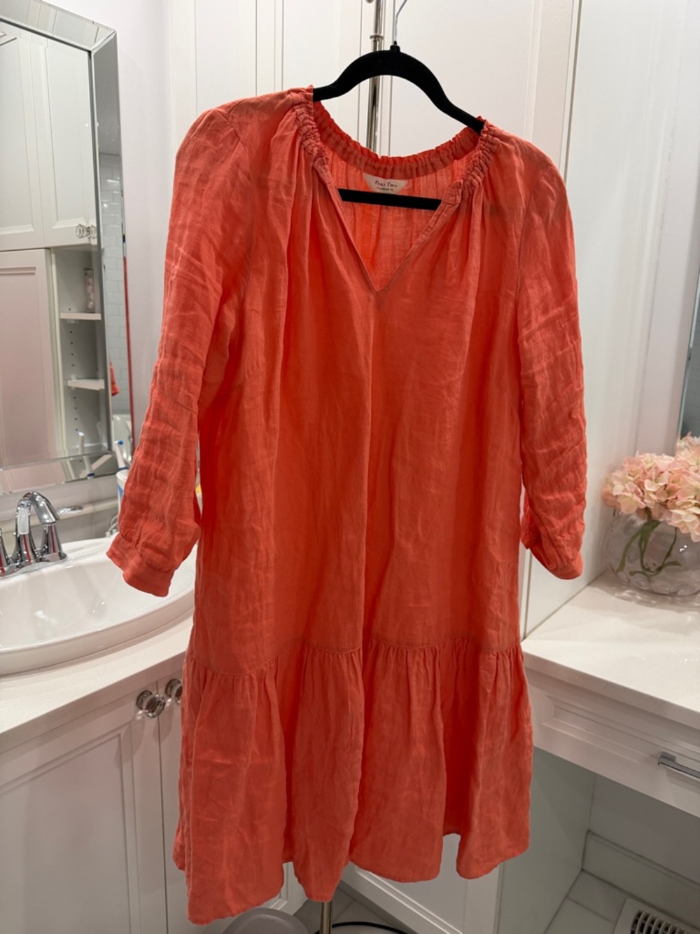 Relaxed Coral Tiered Linen Dress